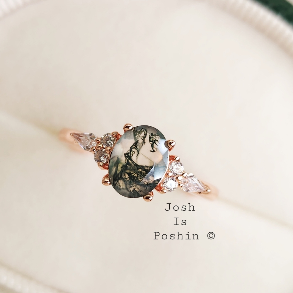 Oval Natural Moss Agate diamond cocktail ring in rose gold over sterling silver